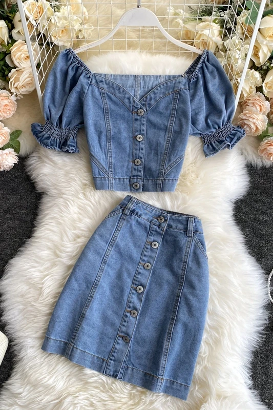

Retro Denim Skirt Suit Women Summer 2021 Newoff-Shoulder Slim Shirt Crop Top High Waist A Line Jean Skirt Femme Two-Piece Suit