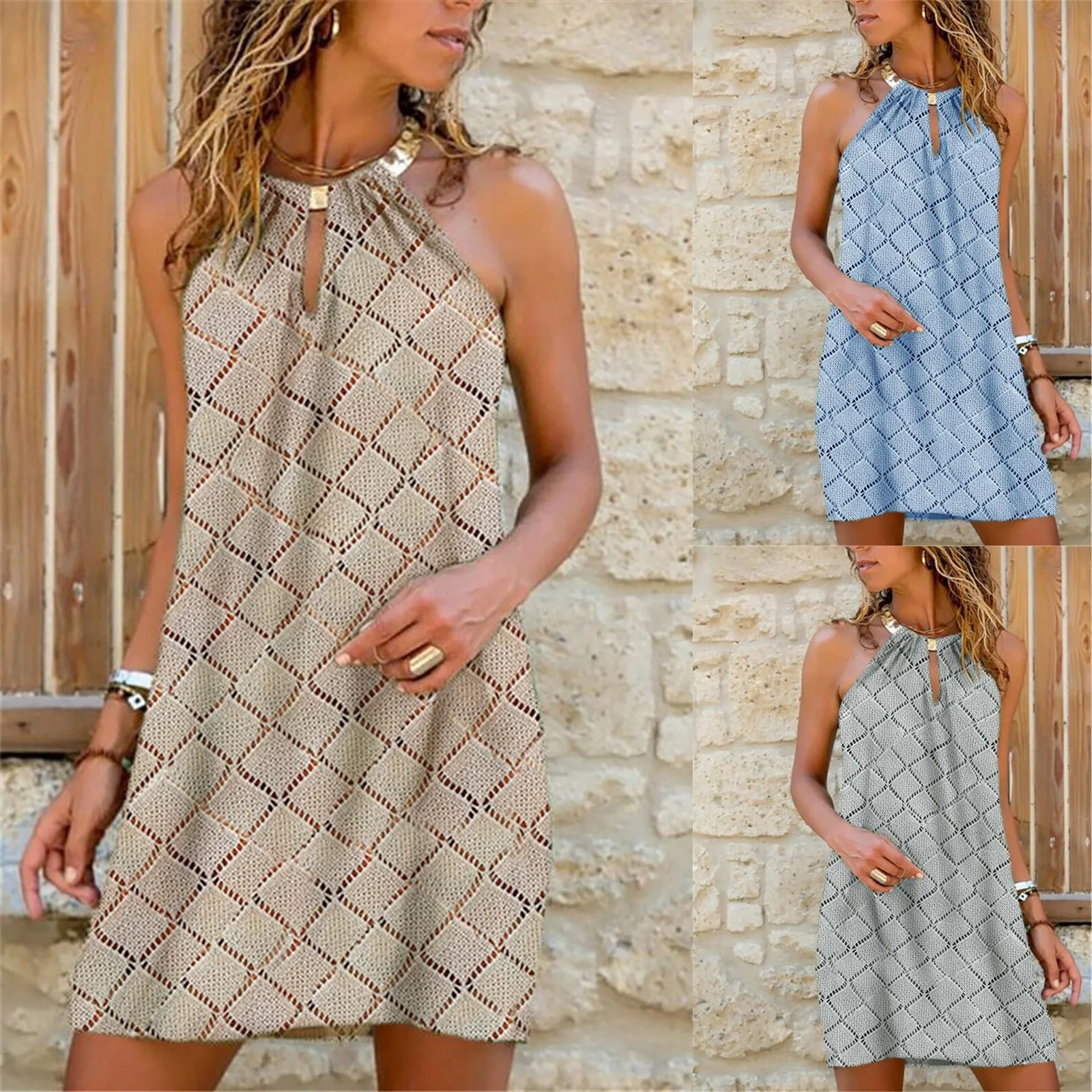 

Сарафан женский с воротником-стойкой, повседневный модный Свободный сарафан с металлической отделкой, бриллиантовым принтом, халтер, лето 2021