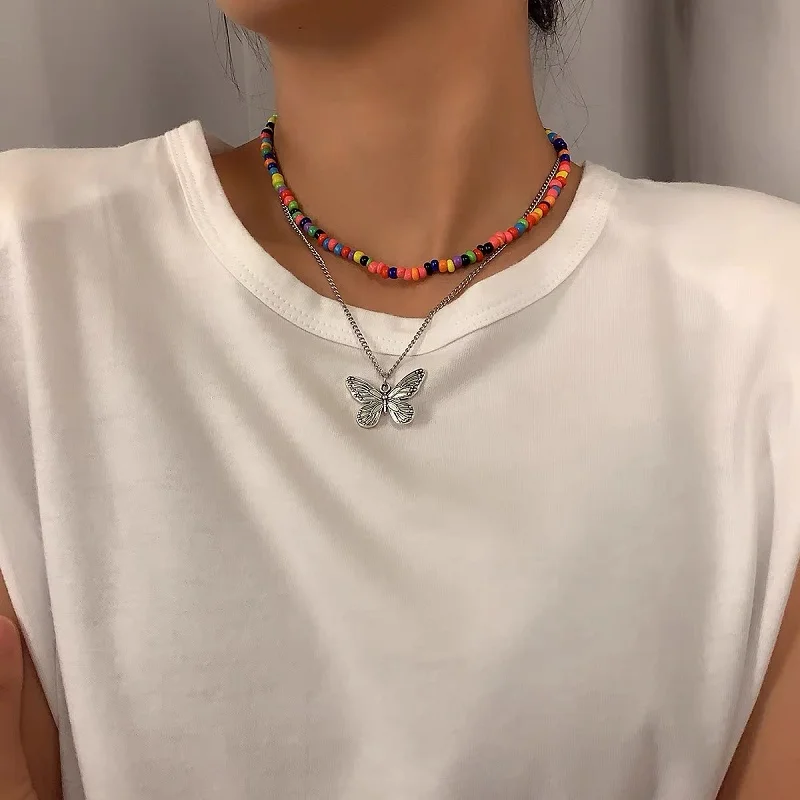 

Bohemian Color Butterfly Necklace Pendant color bead layered Necklace suitable for women's fashion alloy jewelry new 2021
