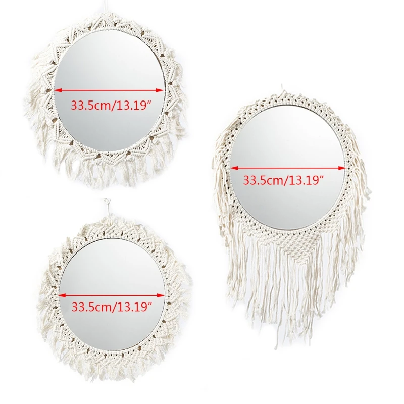 

Handmade Woven Hanging Wall Mirror Bohemian Antique Braided Cotton Rope Macrame Fringe Tassels Tapestry Round Decoration