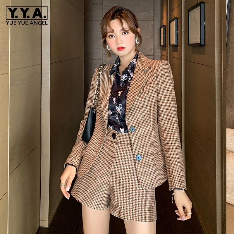 

Клетчатый однобортный Блейзер, элегантные черные цветочные рубашки, шорты, Женский комплект из 3 предметов, Осенний офисный женский костюм, ...