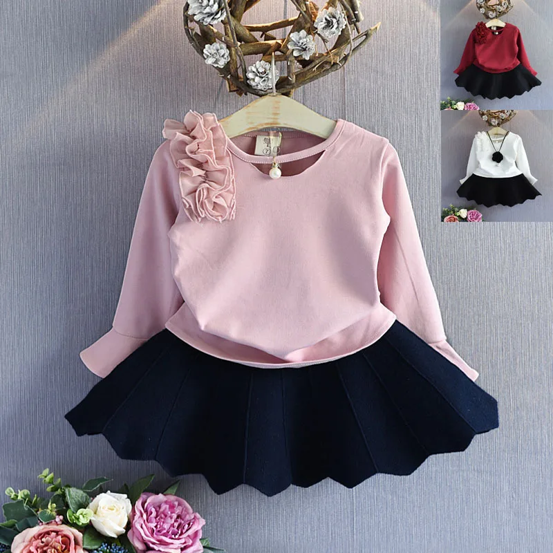 2019 новый осенний костюм для девочек Рубашка с длинными рукавами и юбка из 2