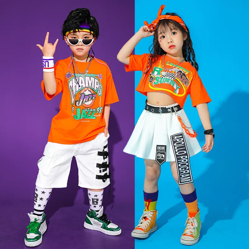Girls Hip Hop Crop T Shirt Boys Loose Cargo Shorts Kid Skirt Summer Print Cool Tee Street Dance Clothes Teen Jazz Child Costumes | Детская