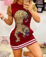 elegant women tiger print short sleeve mini dress casual summer dress women