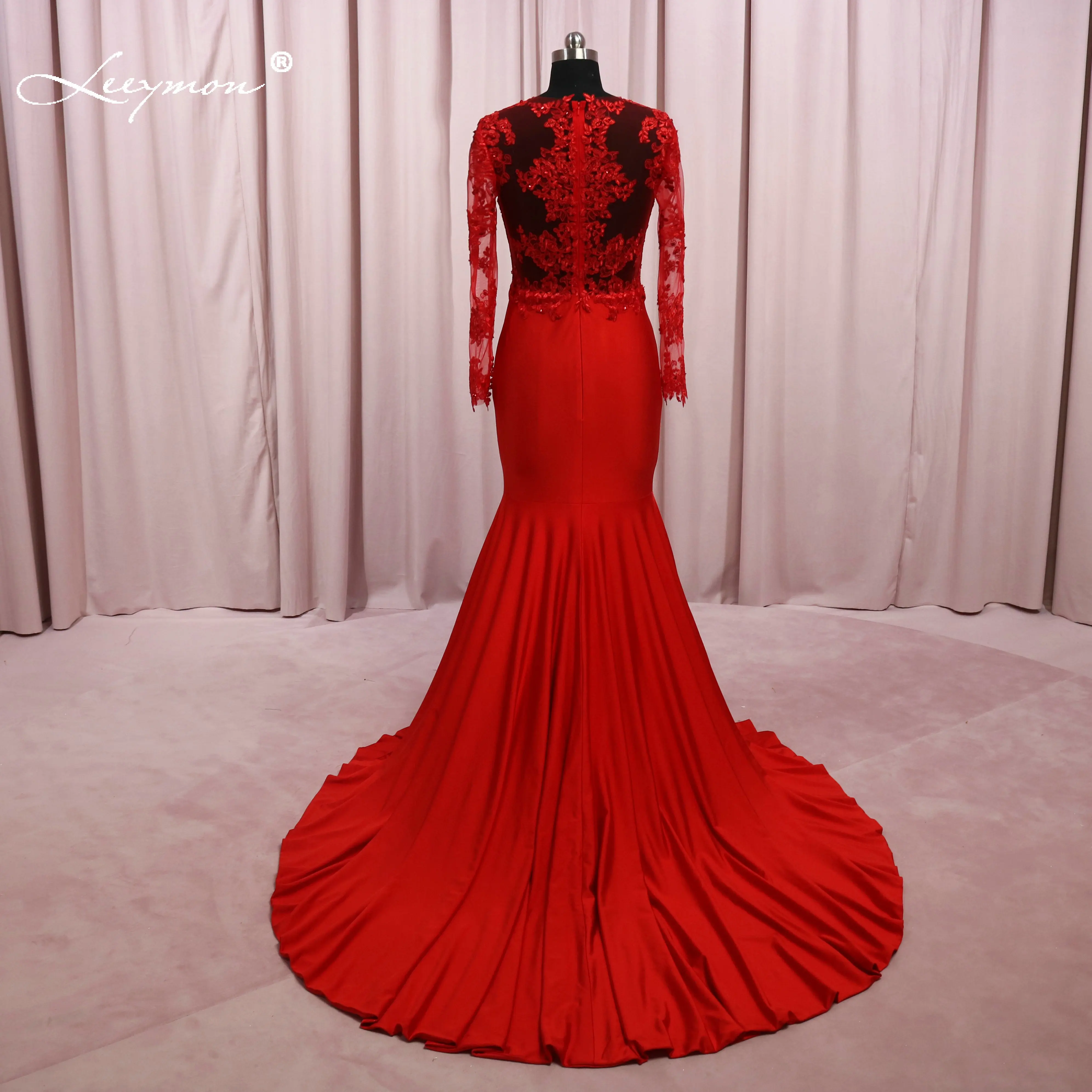 

Leeymon Elegant Mermaid Evening Dresses 2020 Red Lace Appliques Beaded Vestido De Festa Long Illusion Back Prom Dress YB0139