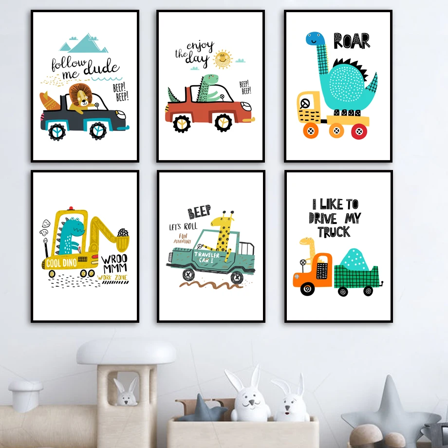 

Cartoon Kids Car Lion Dinosaur Canvas Painting Wall Art Nordic Posters and Prints Wall Pictures for Living Kids Room Decoration