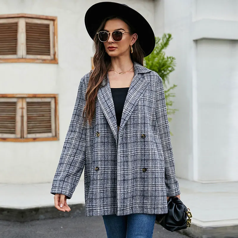 

Vintage Double Breasted Plaid Blazer Oversize Coat Women 2021 New Autumn Winter Suit Jackets Ladies Stylish Loose Blazer
