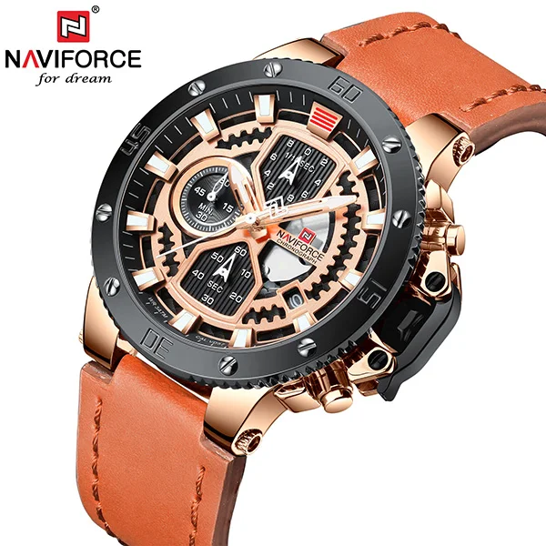 NAVIFORCE часы, топ бренд, Роскошные военные кварцевые часы для мужчин, хронограф, кожа, водонепроницаемые часы, мужские часы - Цвет: Gold Brown No Box
