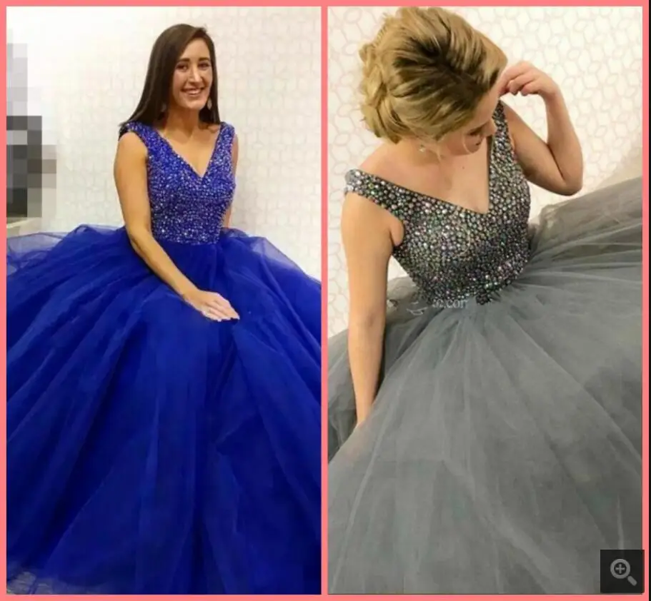 

2021 Vestido De Festa royal blue ball gown prom dresses heavily beading crystals sparkly sleeveless v neckline corset party gown