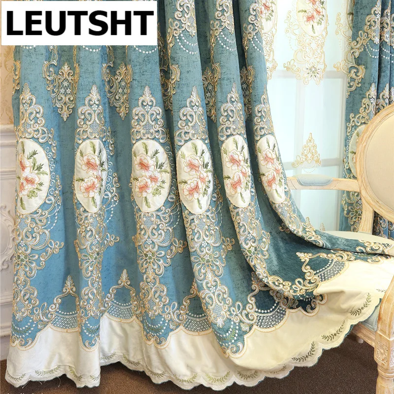

European Luxury Blue Chenille Embroideried Curtains for Living Room Bedroom High-End Villa Curtain Sheer Flower Tulle Valance