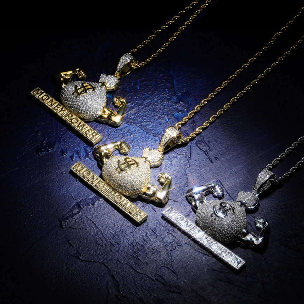 

US Dollar Power Money Bag Letter Pendant Necklace With Free Rope Chain Gold Bling Cubic Zircon Men's Hip Hop Rock Jewelry