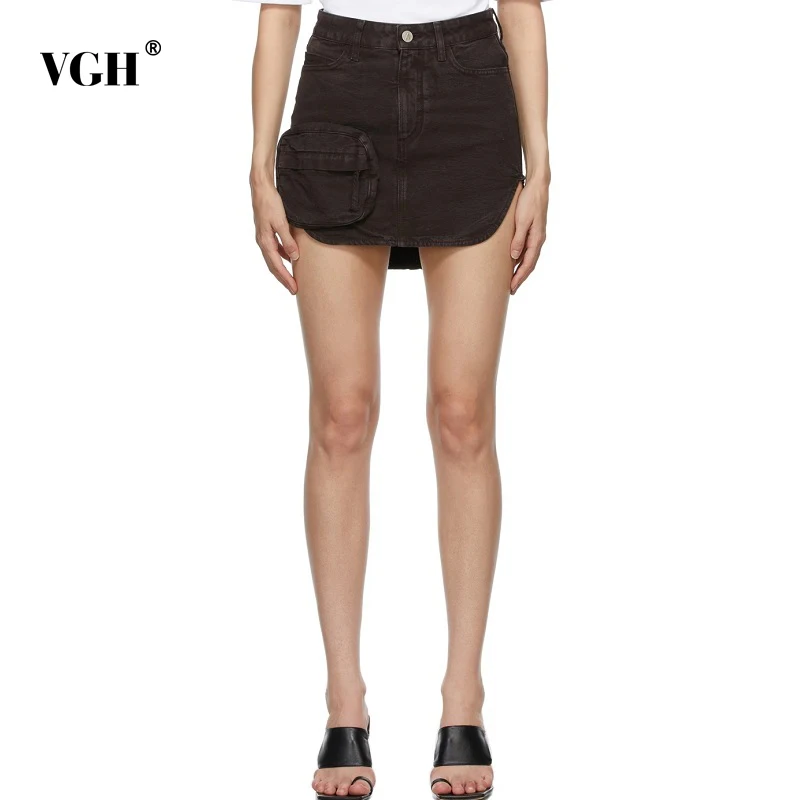 

Повседневная черная джинсовая мини-юбка VGH в стиле пэчворк с карманами, женская модная однотонная облегающая юбка с завышенной талией в Кор...