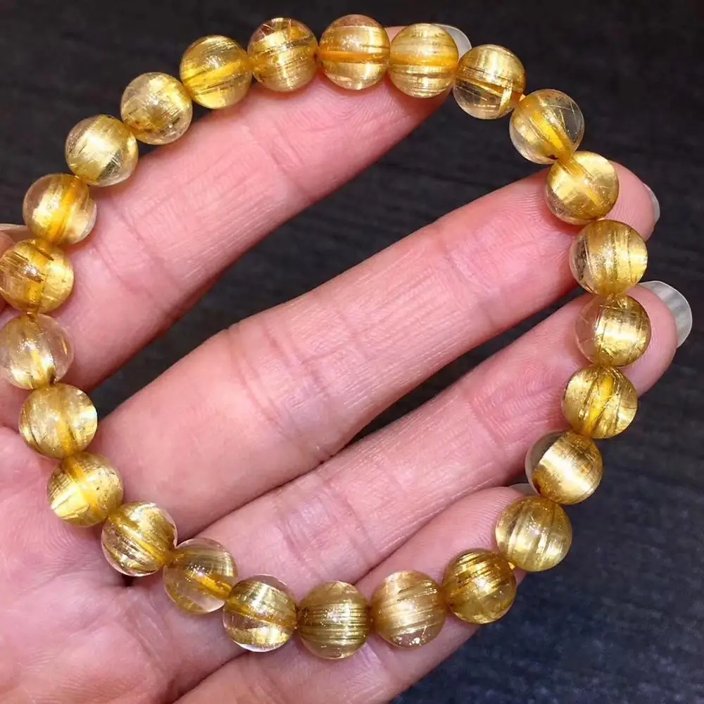 

7.3mm Genuine Natural Brazil Gold Rutilated Titanium Bracelet For Women Men Strong Cat Eye Round Beads Crystal Jewelry AAAAAA