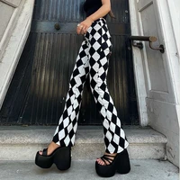 vintage women black plaid pants casual loose high wasit female white loose trousers office lady zipper button spring pants 2022