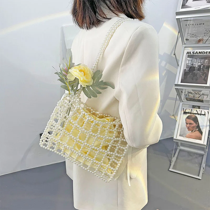 Ladies Pearl Shoulder Bag Exquisite Fashion Hollow Out Tote Purse Lightweight Bucket Handbag for Party Travel | Багаж и сумки