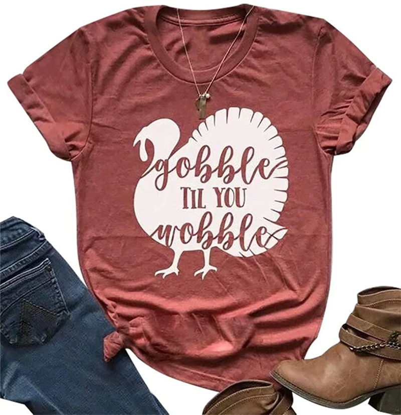 

Thanksgiving Shirt Women Gobble Til You Wobble Letters Turkey Print Short Sleeve T-Shirt Top Autumn Fall Funny Holiday Tshirt