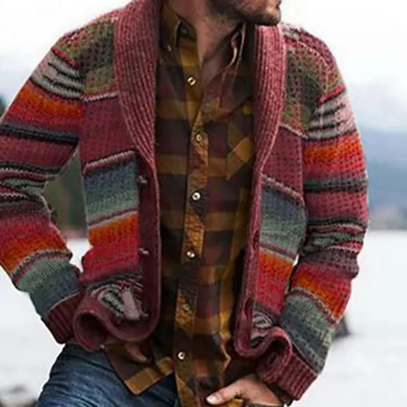 

FJUN Western Style Sweater Cardigan Men's Knitwear Autumn Color Block Rainbow Striped Sweater Men's Cardigans 2020 New Arrivals