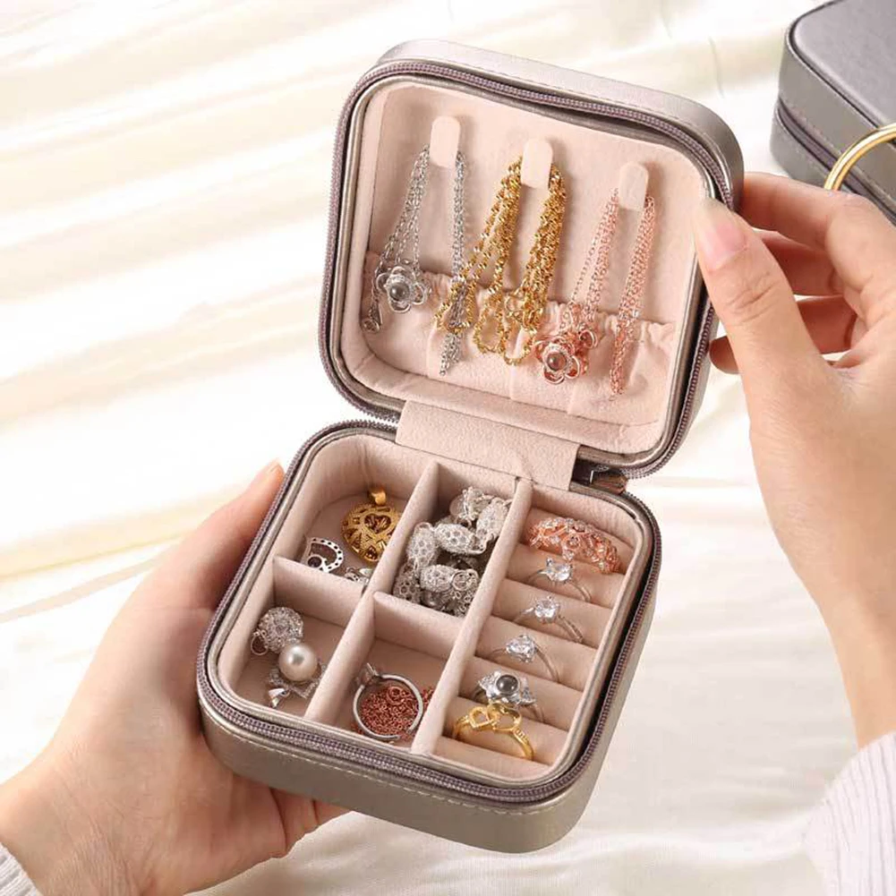 

Creative Earrings Box PU Leather Travel Jewelry Ring Studs Case Holder Zipper Jewelry Organizer Container Necklace Organizer