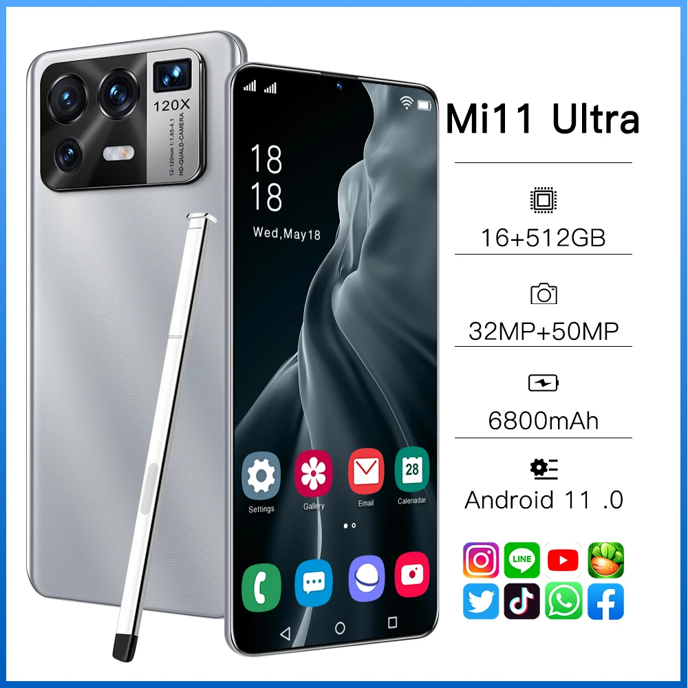 

Newest Original Mobile Phone Mi11 Ultra 6.7 Inch Smartphone 16+512G 6800mAh 32+50MP Full Screen Face ID 5G Android Cellphone