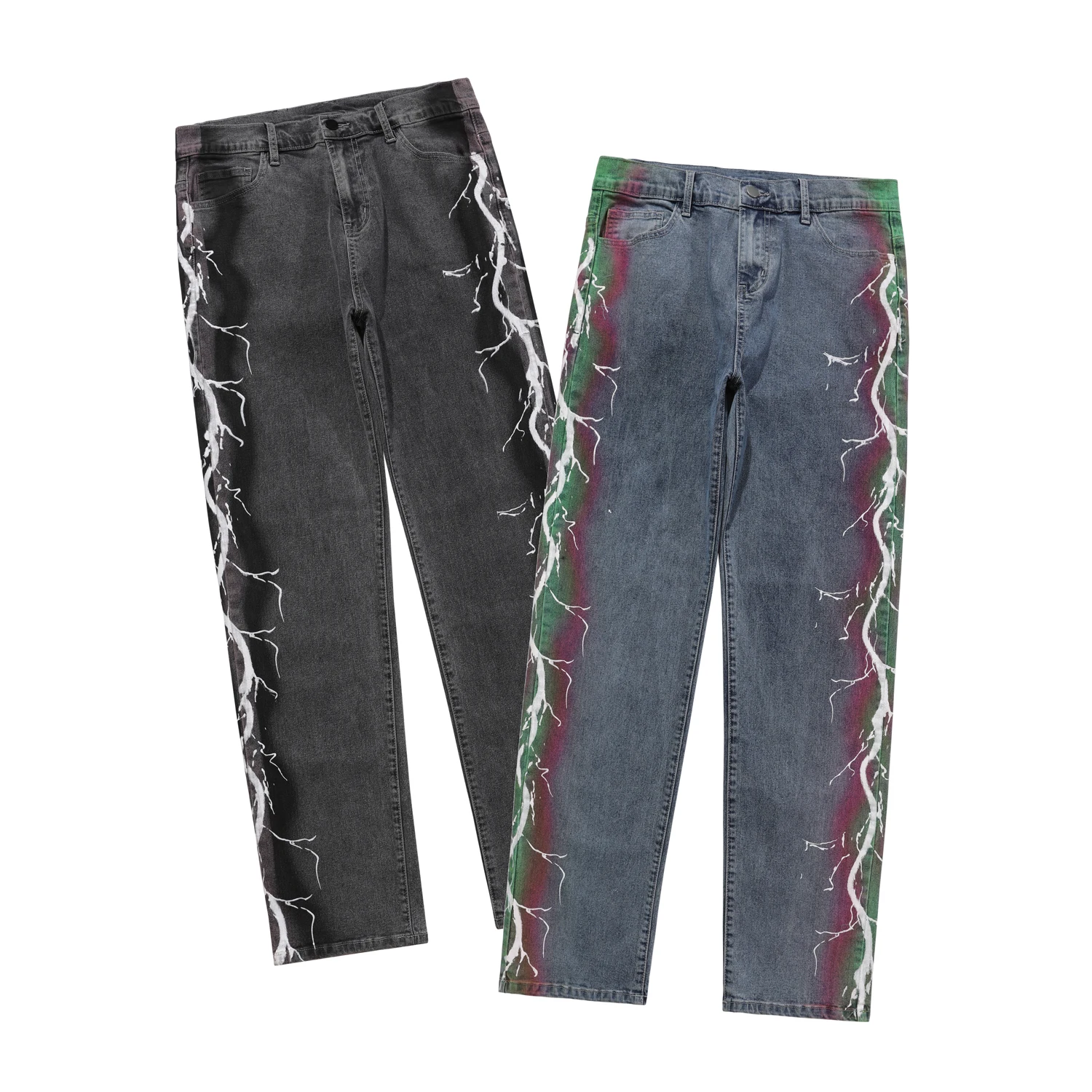 

Original Lightning Printed Jeans Mens Womens Hip Hop Graffiti Straight-leg Jeans Vintage Streetwear Fashionable Denim Pants