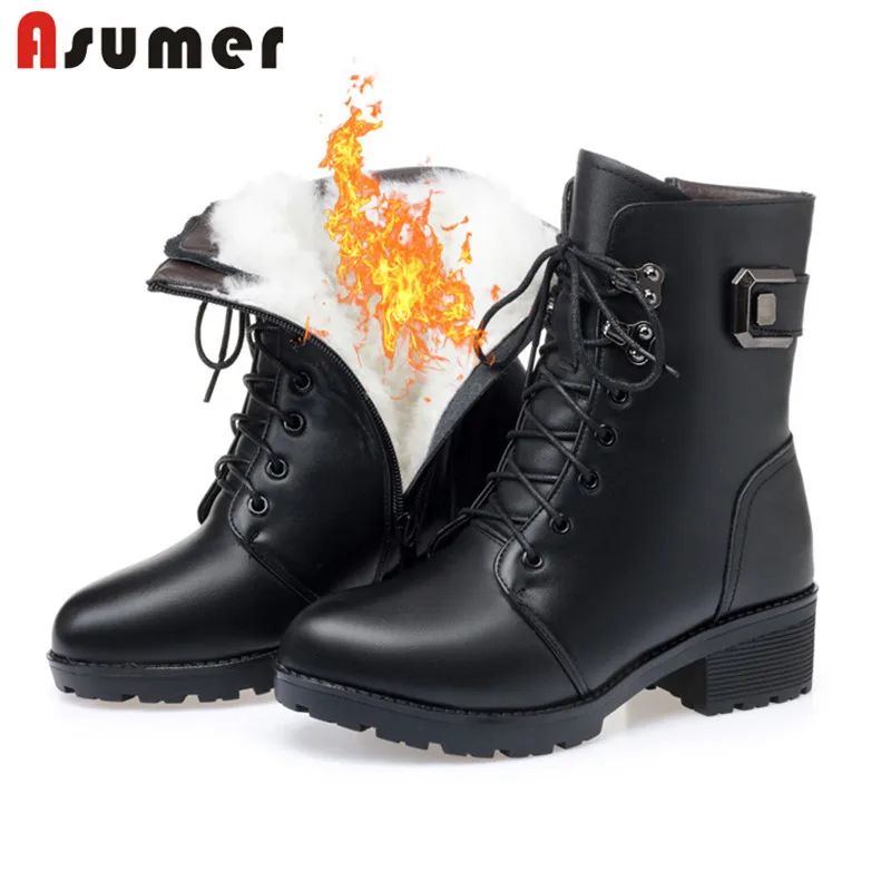 Женские шерстяные ботинки ASUMER Зимние ботильоны из натуральной кожи на платформе