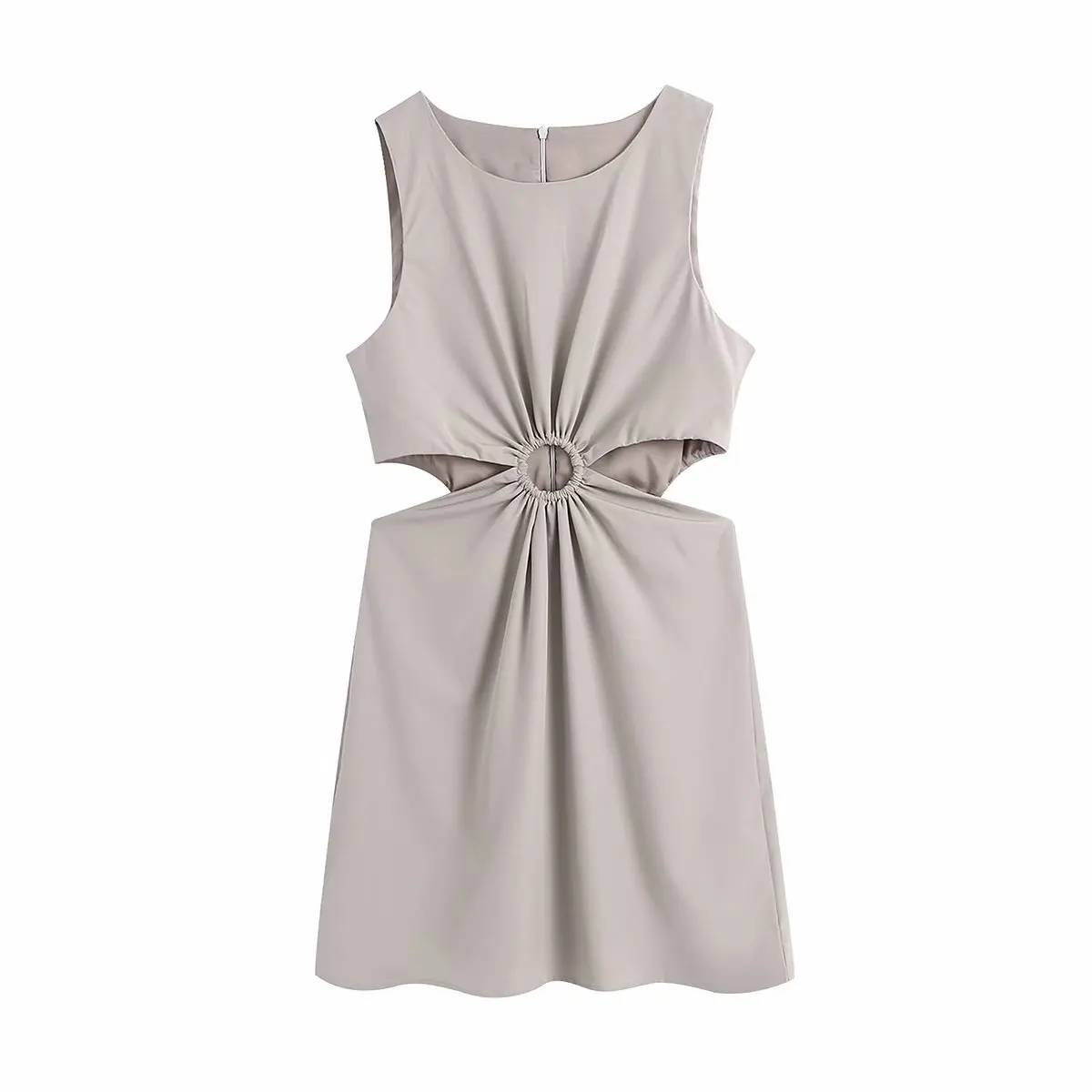 

2021 Women Fashion Solid Hollow Out Mini Dress Back Zipper Sleeveless O-Neck Vintage Female Dresses Woman Robe