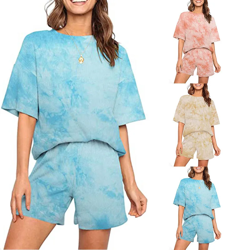 

European and American summer new fashion home sports tie dyed round neck women's suit top + shorts