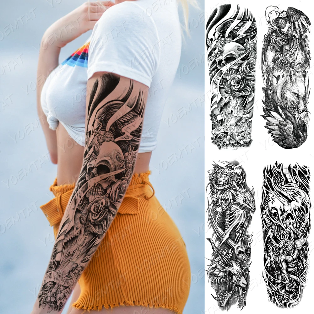 

Waterproof Temporary Large Arm Sleeve Tattoo Sticker Skull Ghost Fox Wolf Lion Rose Flash Tattoos Woman Body Art Fake Tatto Male