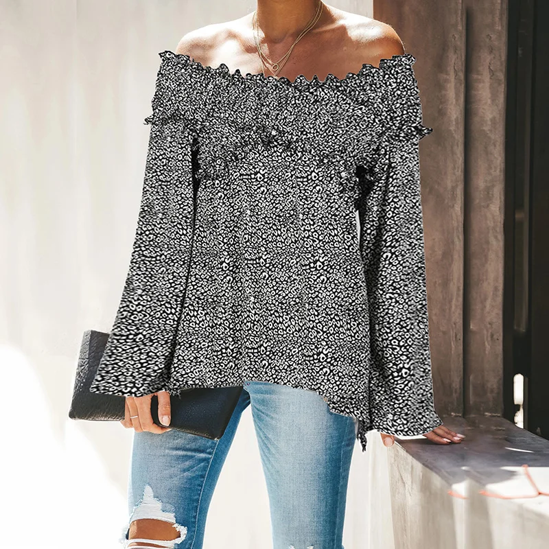 Valadenims Sexy off-the-shoulder T-shirt women's long sleeve one word collar ruffled edge slim top stretch street fashio |