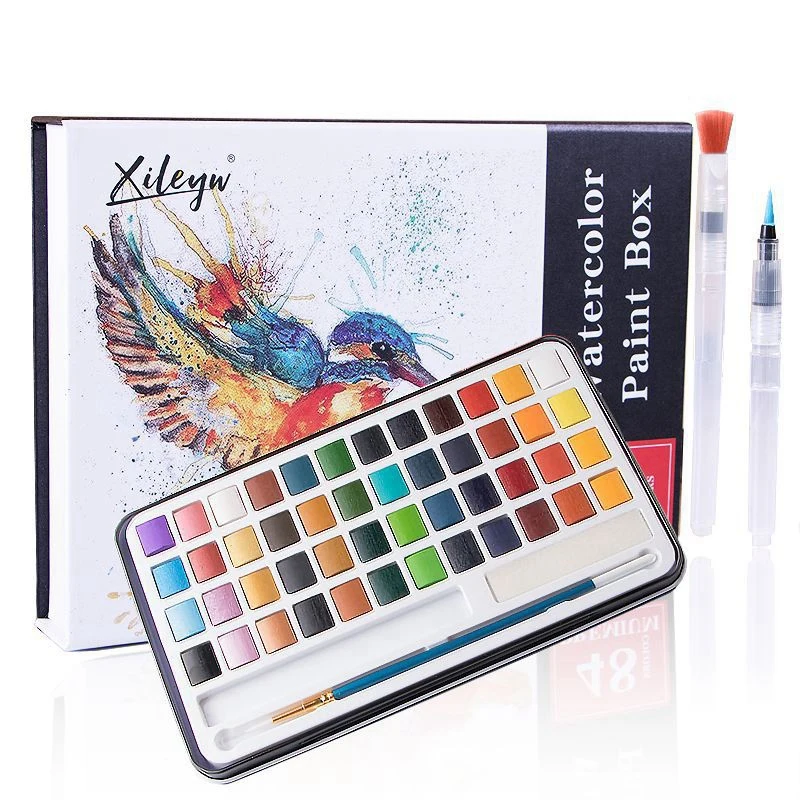 

NEW-XILEYW 48 Color Solid Watercolor Set Iron Box Pearlescent Watercolor Pigment Beginner's Painting Set for Creation/Sketching