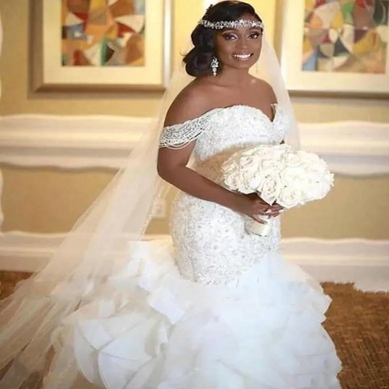 

Elegant African Mermaid Wedding Dresses 2021 Ruffles Off The Shoulder Beads Lace Up Back Bridal Gowns Vestido De Mariee