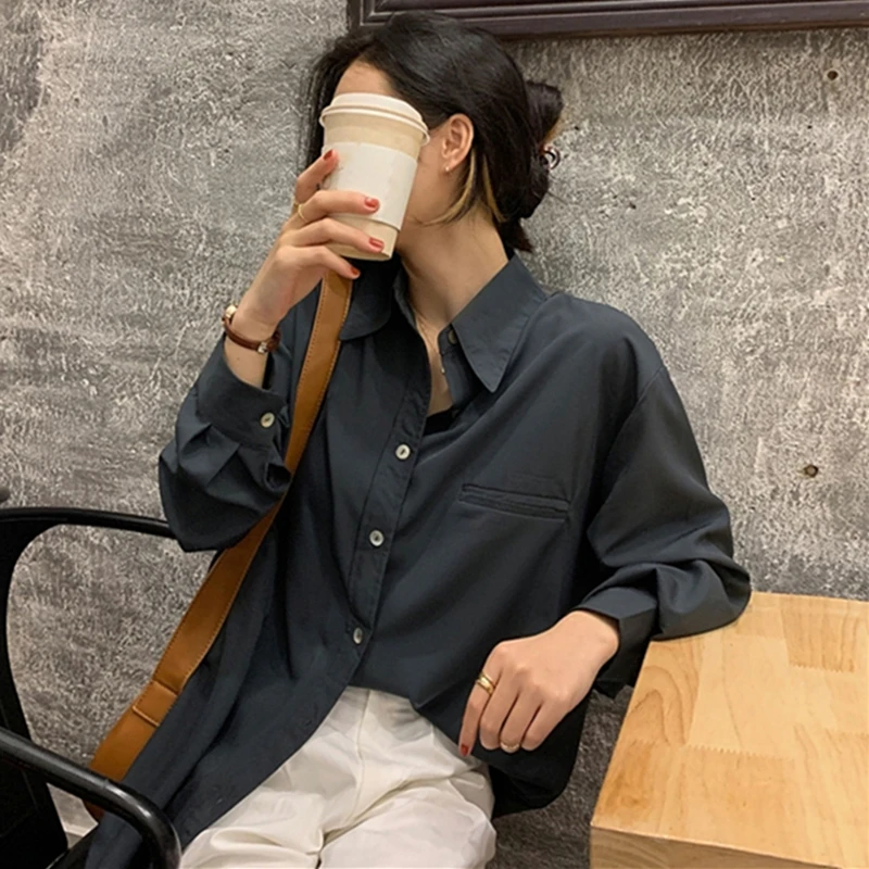 

Blouses Shirts Spring Autumn 2021 New Vintage Oversize Buttons Korean Style Office Lady Fashionable Wild Tops