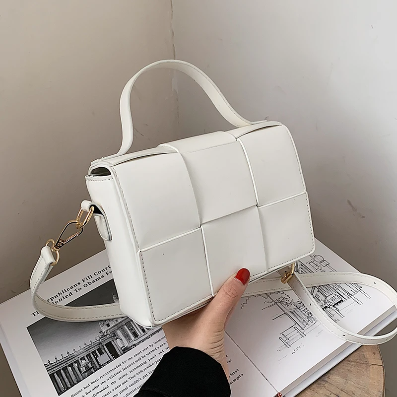 

Small Solid Color Pu Leather Braid Short Handles for Women 2021 Trend Branded Shoulder Handbags Totes Yellow Green