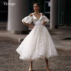 Винтажное Короткое свадебное платье Verngo 2021, атласное кружевное ТРАПЕЦИЕВИДНОЕ ПЛАТЬЕ С V-образным вырезом и пышными рукавами, платье невесты длиной ниже колена, свадебное платье