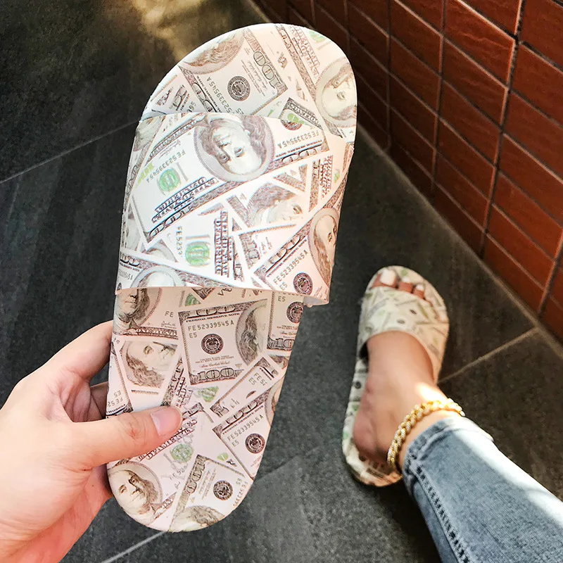 

Fashion Summer Women Slippers Dollar Graffiti Style Flat Bottom Sandals Slip On PVC Soft Non-slip Home Slides Female Bath Shoes