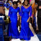 Женское платье подружки невесты, темно-синее, с V-образным вырезом, длинными рукавами, завязкой на спине, платья подружек невесты русалка