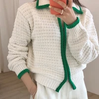 2021 autumn winter women color contrast zipper knitted cardigan lapel fashion waffle sweater tops korean style long sleeve coat