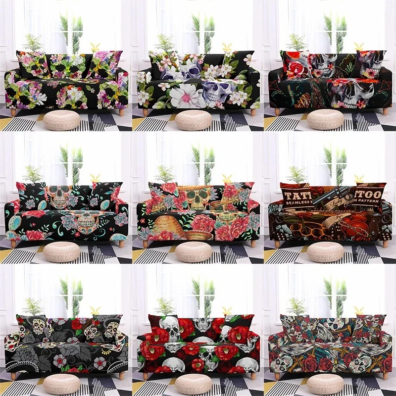 

Men Fashion Beautiful Flower Skull Pattern All Inclusive Elastic Sofa Cover Soft Couch Slipcovers 9 Colors 1-4 Seaters