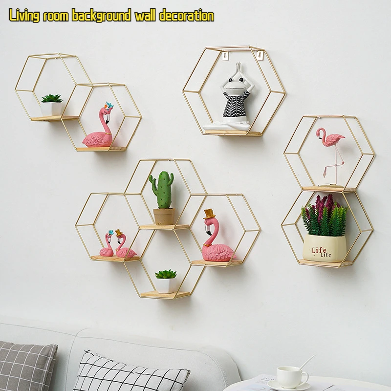 

Nordic Wall Decorations Storage Rack Living Room Bedroom Pendant Wall suction Hexagon Combination Wrought Iron Decorative Frame