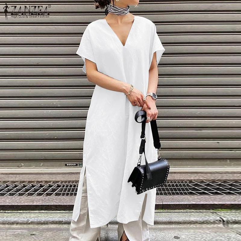 

Модель 2022 года, модное летнее платье ZANZEA, повседневный офисный сарафан с разрезом на подоле, элегантный кафтан с V-образным вырезом и коротки...