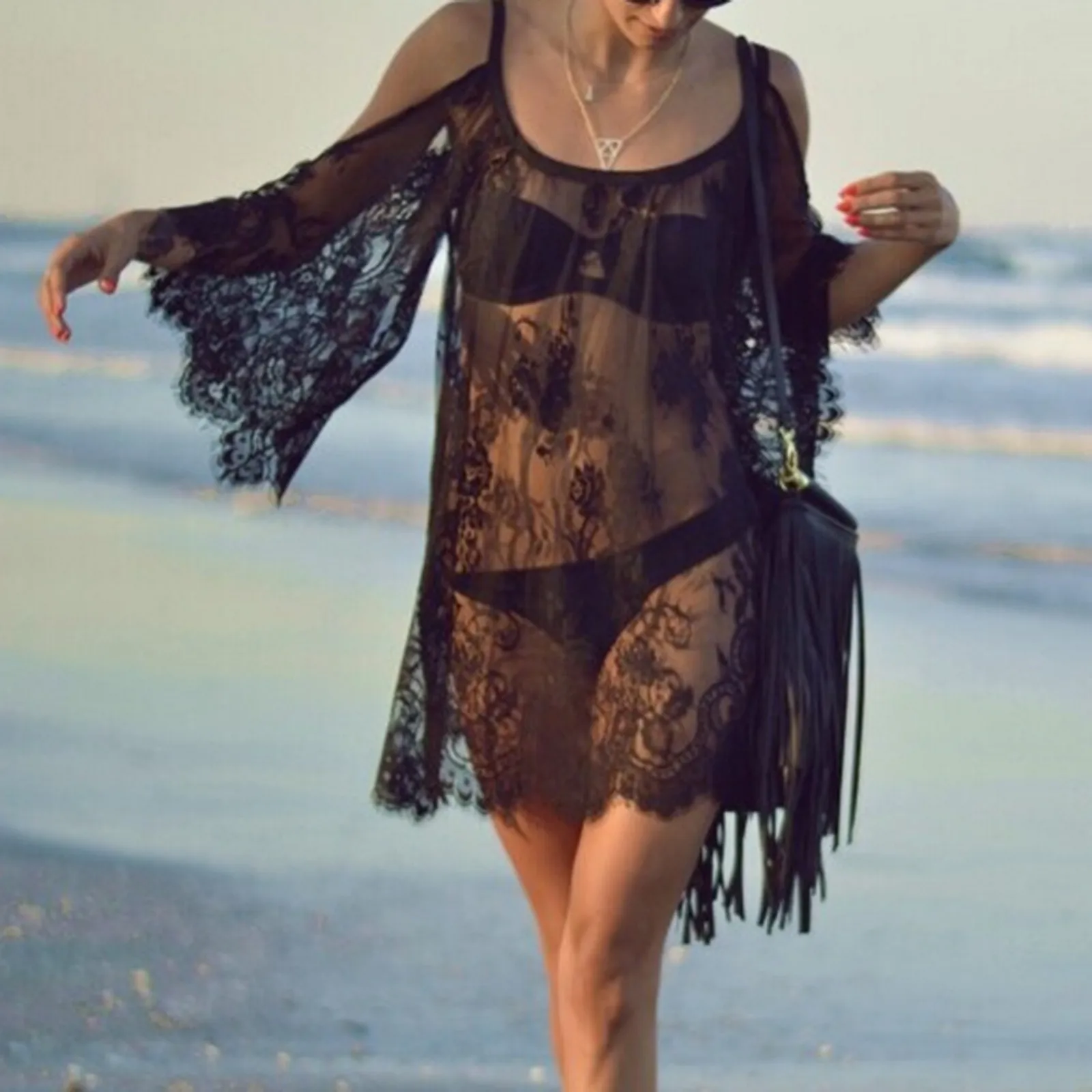 

Кафтан с открытыми плечами, Пляжная накидка с кружевом, длинное платье-саронг, пляжная одежда