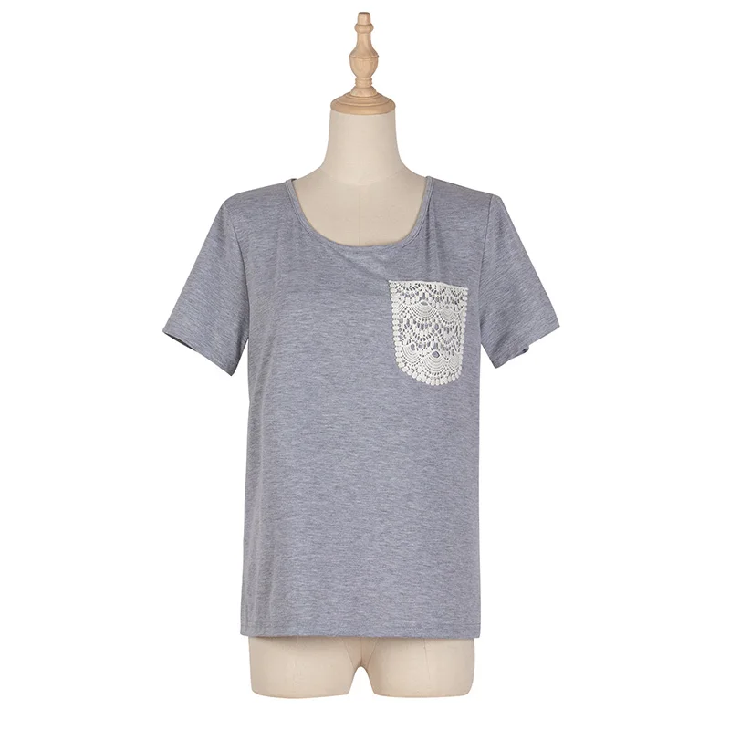 

Spring Solid Color T Shirt Women Casual Lace Pocket O Neck Short Sleeve Pullover Top Female Summer T Shirt For Women 2021 New