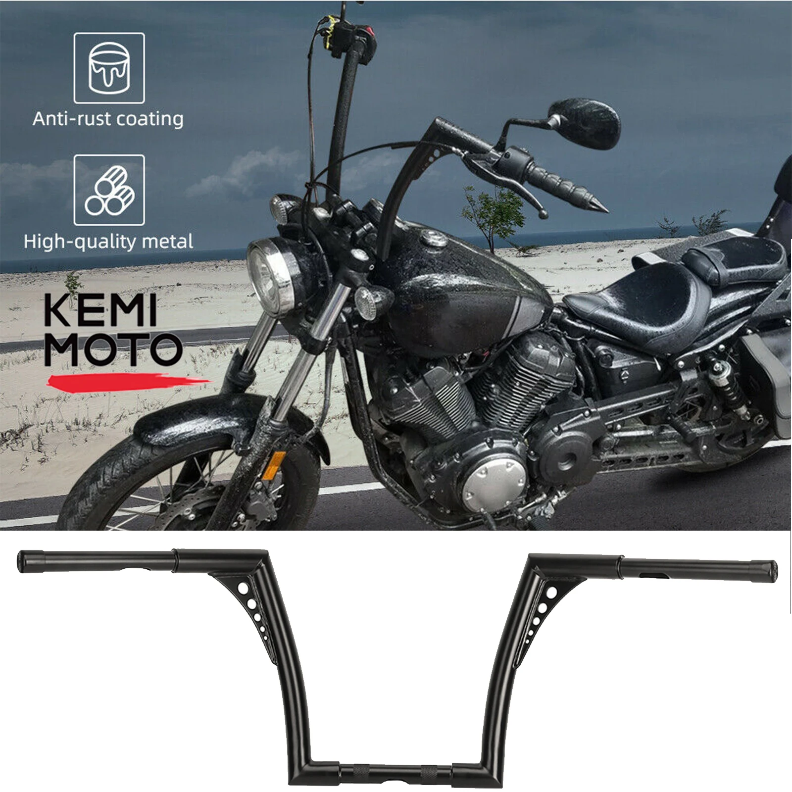

KEMIMOTO 14 Inch Rise Ape Hangers Handlebar for Sportster FLST FXST XL Iron For BID Black Placement on Front Vehicle New