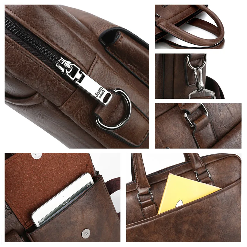 JEEP BULUO Men's Briefcases Bags Split Leather Shoulder Office Bag Totes Male Fashion 14 inch Laptop Business Bag A4 Documents