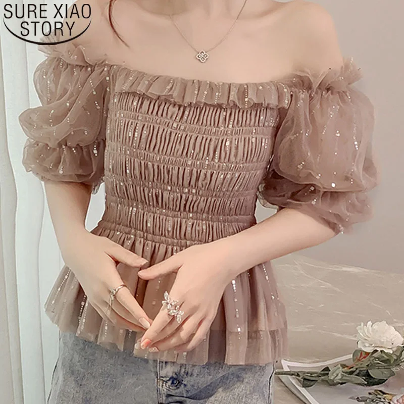 

Chic Korean Puff Sleeve Chiffon Blouse Women Summer 2022 New Sweet Mesh Tops Temperament Square Collar Fairy Shirt 14469