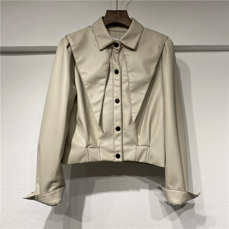 

Korean Navy Collar Long Sleeve Faux Leather Jacket Women Black Beige Dark Brown Short Biker Jacket Female Autumn 2021 Streetwear