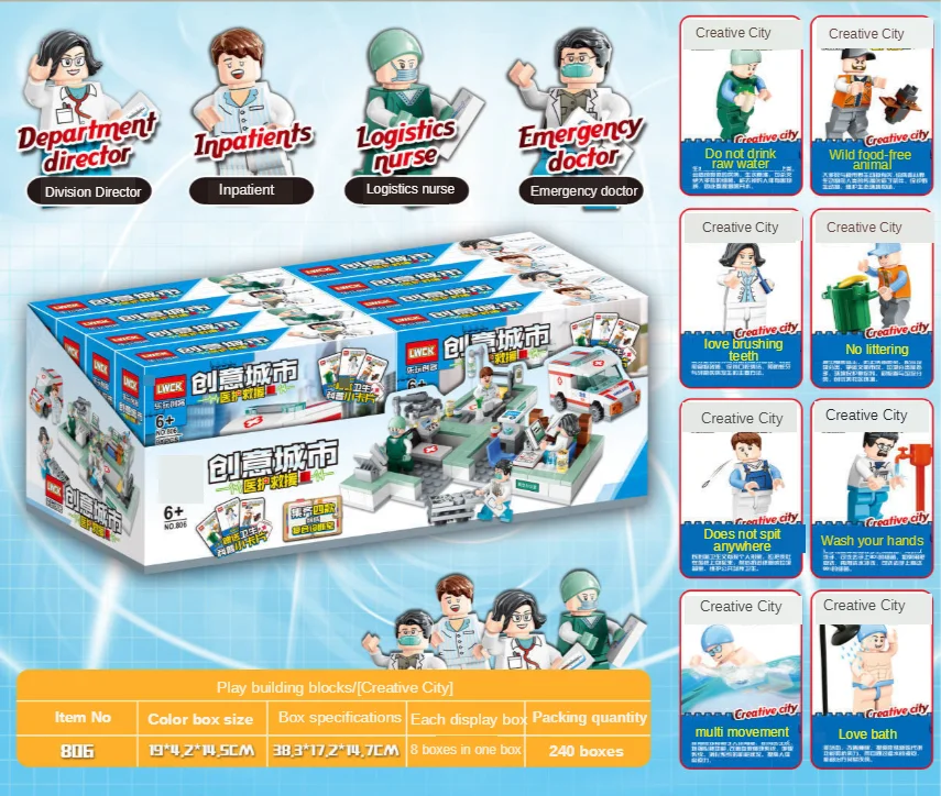 

Medical and epidemic prevention rescue 4 ambulance diagnostic stations doctors nurses assembled building blocks educational toys