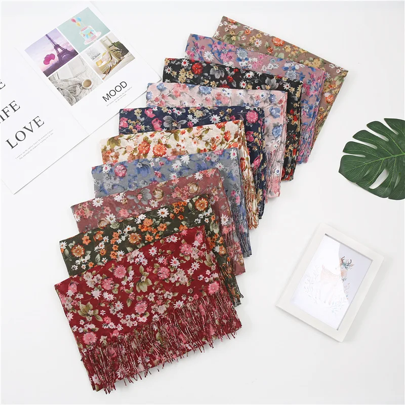

New printed scarf female spring and summer air conditioning shawl Korean style floral fringed long cotton and linen scarf шарф