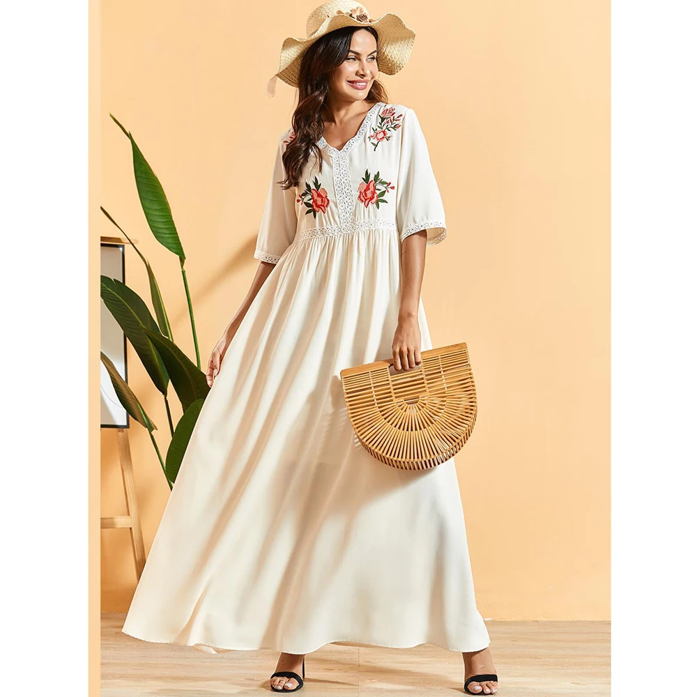 Женское платье макси с цветочной вышивкой и коротким рукавом|Мусульманская
