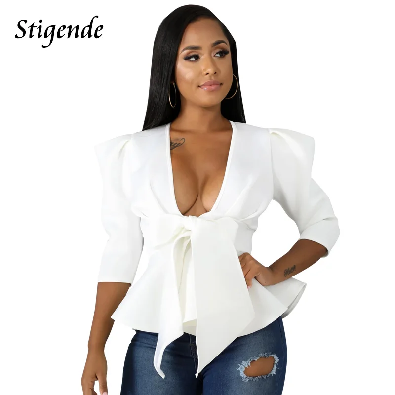 Stigende Half Sleeve Sexy Deep V Neck Bow Blouse Women Summer Casual Solid Color Ruffle Blouse Elegant Bandage Crop Blouse Top